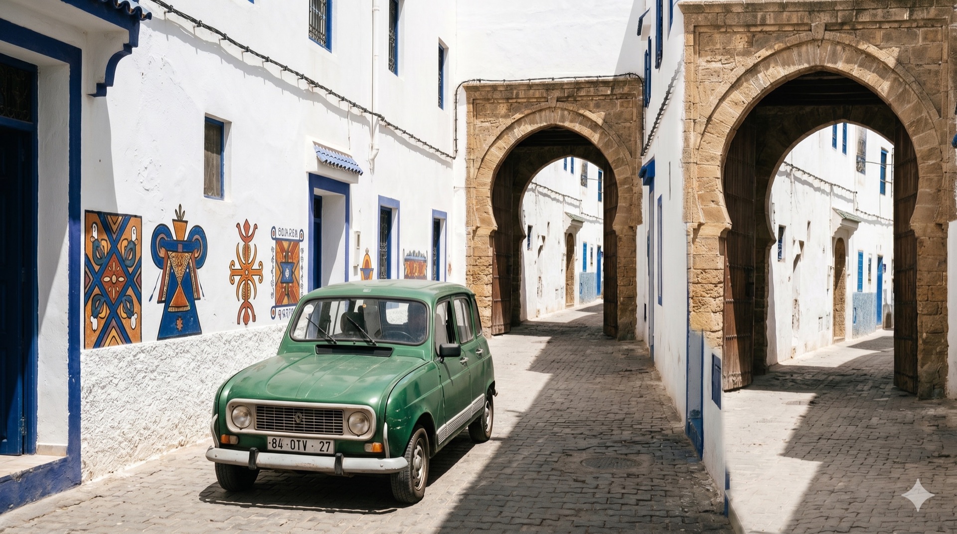 R4 dans une ruelle blanche d'Asilah, arches portugaises et fresques bleues