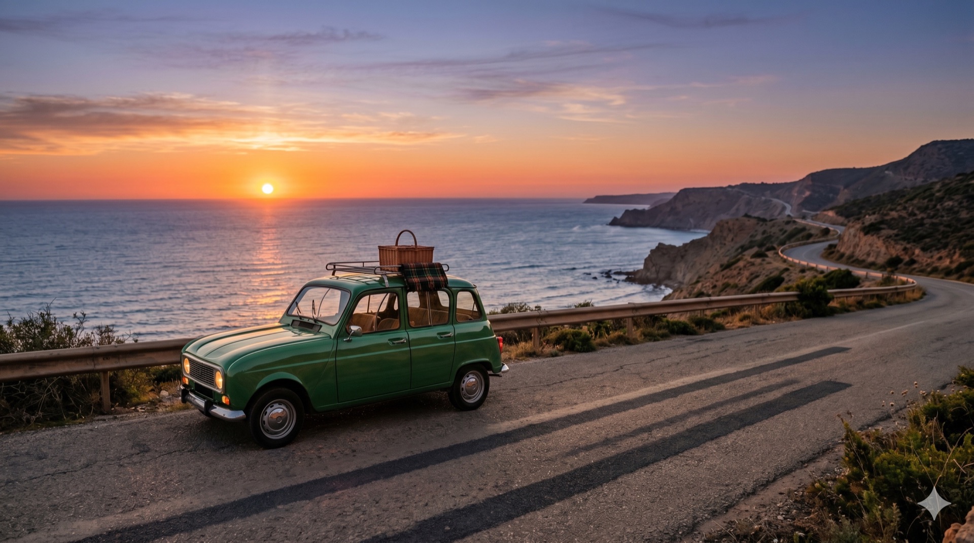 R4 sur la corniche au coucher de soleil avec malle vintage sur le toit