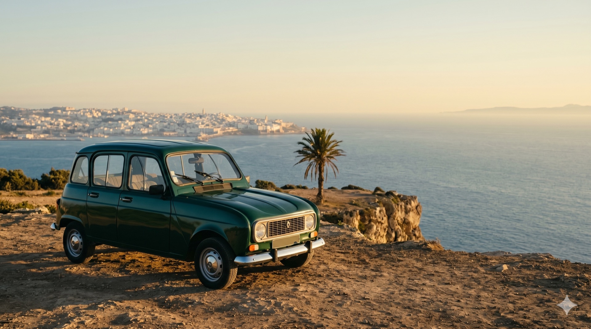 R4 vintage verte sur un belvédère de Tanger, vue sur la médina et le détroit